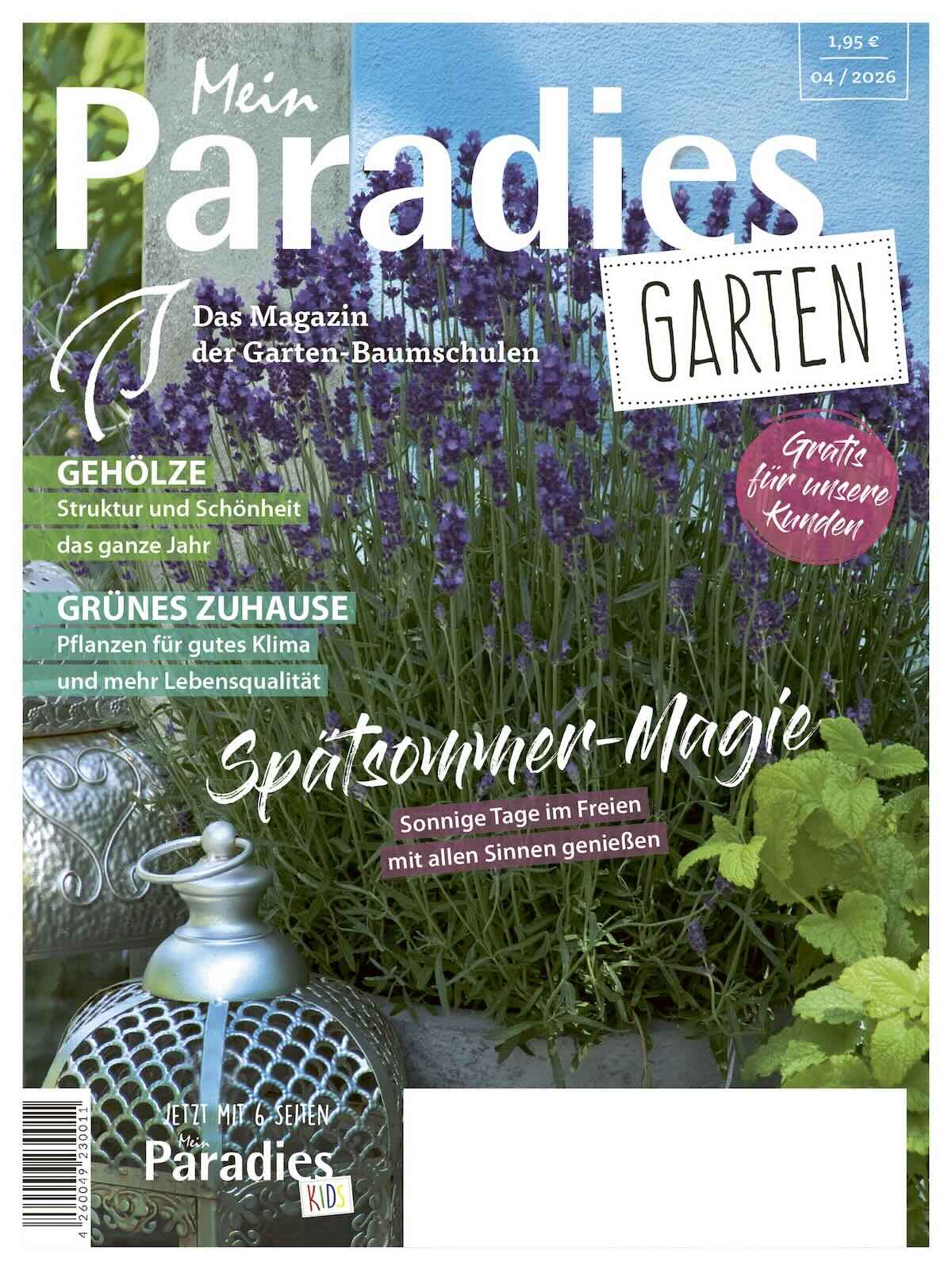 Cover/Deckblatt des Mein Paradies Magazins 4/2026. Ein Blumentopf mit lilafarbenen Blumen und silberne runde Gefäße als Deko-Elemente im Vordergrund. Alles leicht überdeckt mit Kurzüberschriften, die zeigen, was den Lesenden im Magazin erwartet.