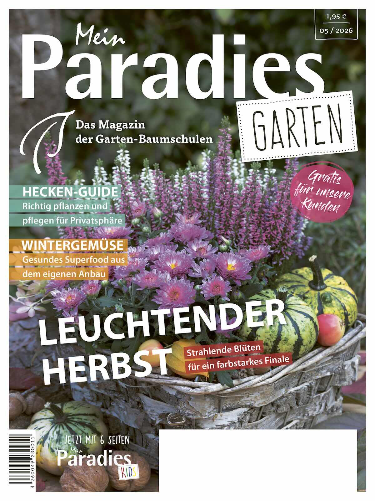 Cover des Mein Paradies Magazins 5/2026. In der Mitte sind lilafarbene Blumen umgeben von gelb/grünen Kürbissen. Themen: Leuchtender Herbst, Hecken-Guide und Wintergemüse.